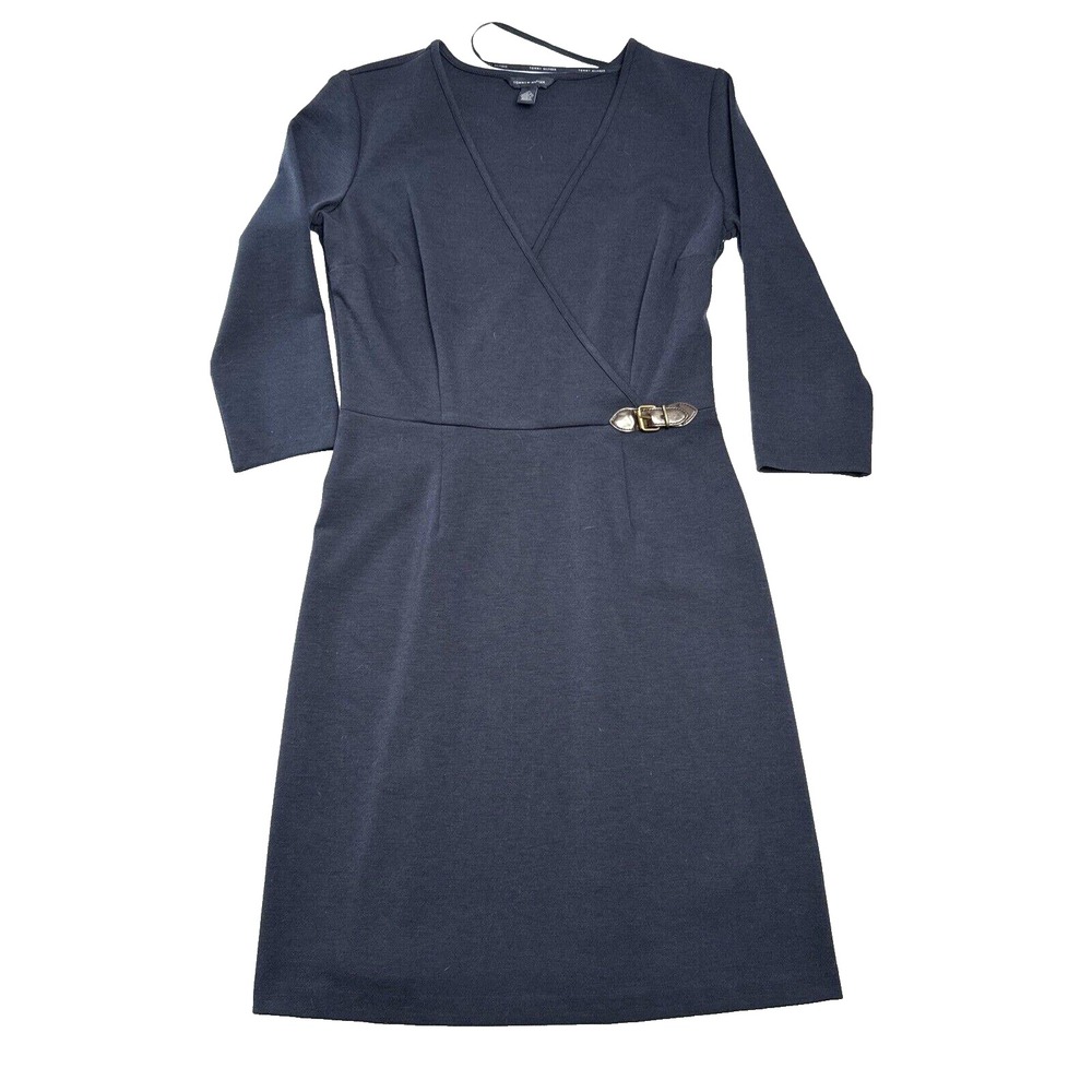 Tommy Hilfiger Womens 3/4 Sleeve Navy Dress Faux Wrap Leather Buckle SmallPetite